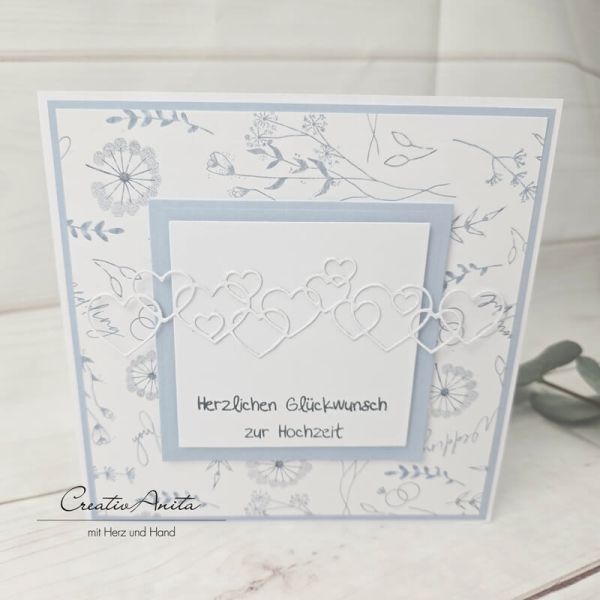 Glückwunschkarte zur Hochzeit - Blütenhochzeit - hellblau-weiß