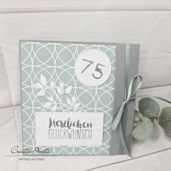 Glückwunschkarte 75. Geburtstag - Eukalypthus in grau-grün mit Geldfach