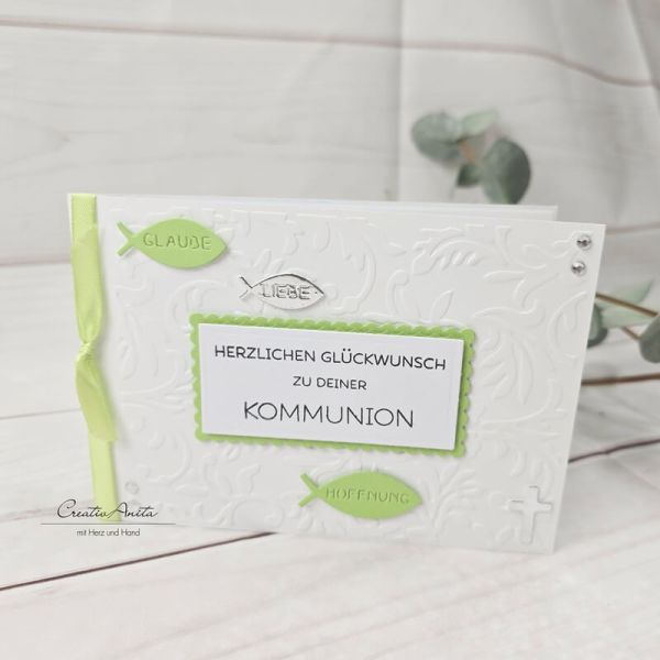 Glückwunschkarte zur Kommunion in maigrün-silber Glaube-Liebe-Hoffnung
