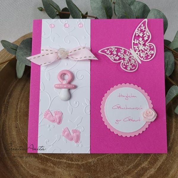 Glückwunschkarte zur Geburt ROSA-PINK mit Schmetterling - Mädchen