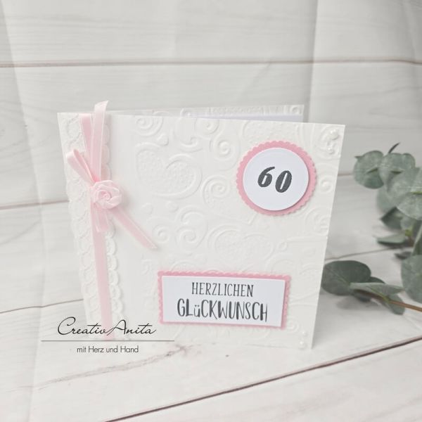 Glückwunschkarte zum 60. Geburtstag weiß-rosa