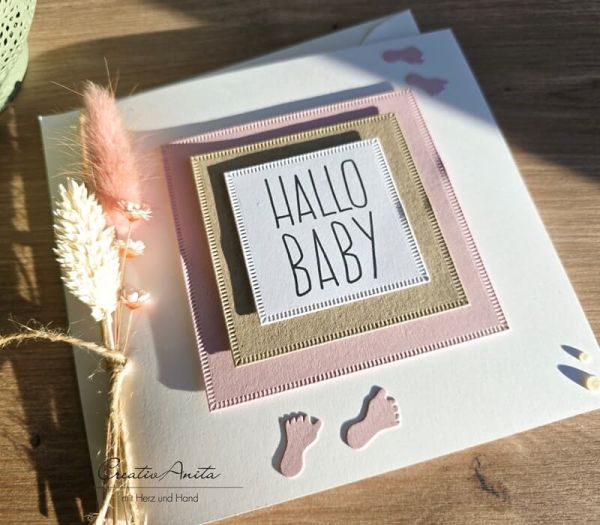 Glückwunschkarte -Hallo Baby- mit Trockenblumen Altrosa