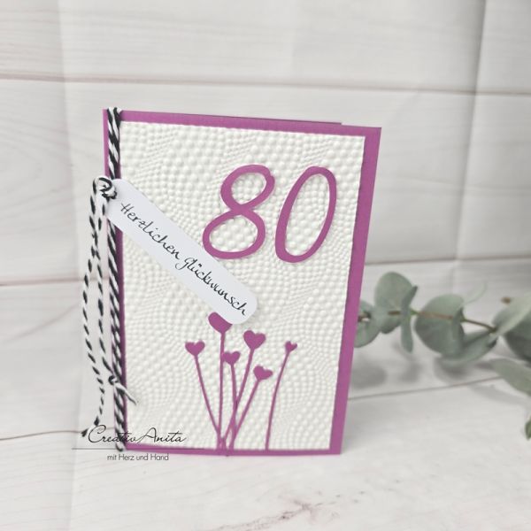 Glückwunschkarte 80. Geburtstag - Herzen in Beere
