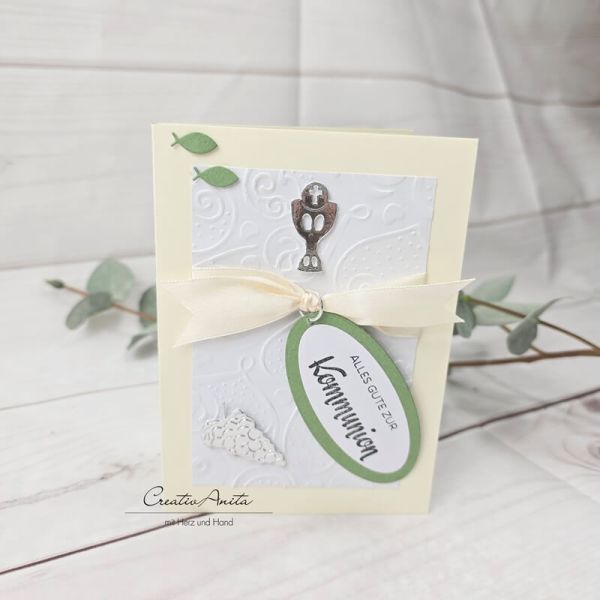 Glückwunschkarte zur Kommunion in creme-grün mit Fische
