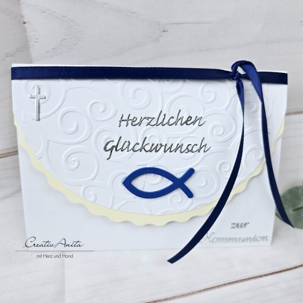 Glückwunschkarte blau-weiß Fisch zur Kommunion