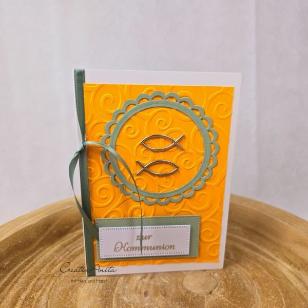 Glückwunschkarte Fische senfgelb & salbeigrün zur Kommunion