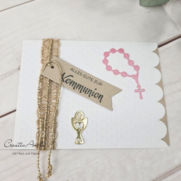 Glückwunschkarte zur Kommunion mit Rosenkranz -Natur-Altrosa-Gold-