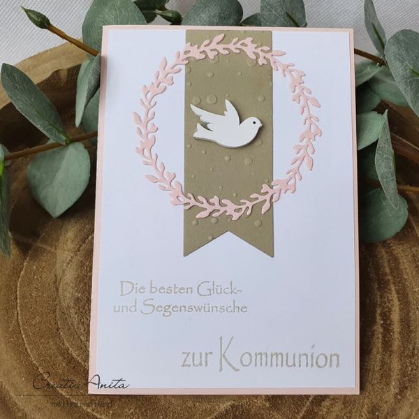Glückwunschkarte Taube in rosa zur Kommunion