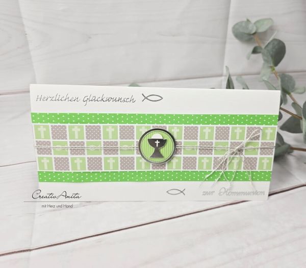 Glückwunschkarte zur Kommunion in maigrün-taupe mit Kelch