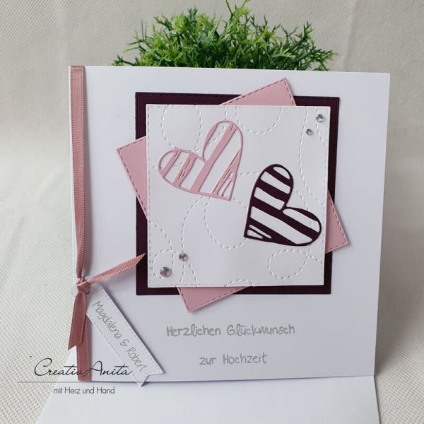 Glückwunschkarte zur Hochzeit - Weiß-Altrosa-Aubergine