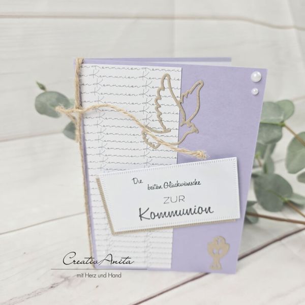 Glückwunschkarte zur Kommunion mit Taube und Kelch -Lavendel-
