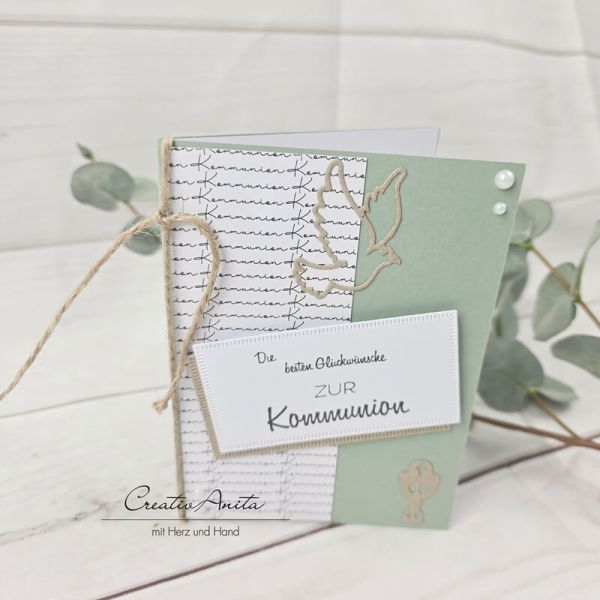 Glückwunschkarte zur Kommunion mit Taube und Kelch -Eukalypthus-