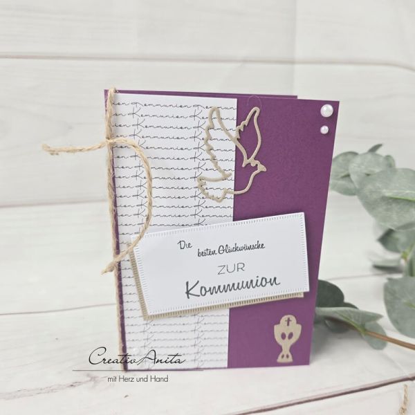 Glückwunschkarte zur Kommunion mit Taube und Kelch -Violett-