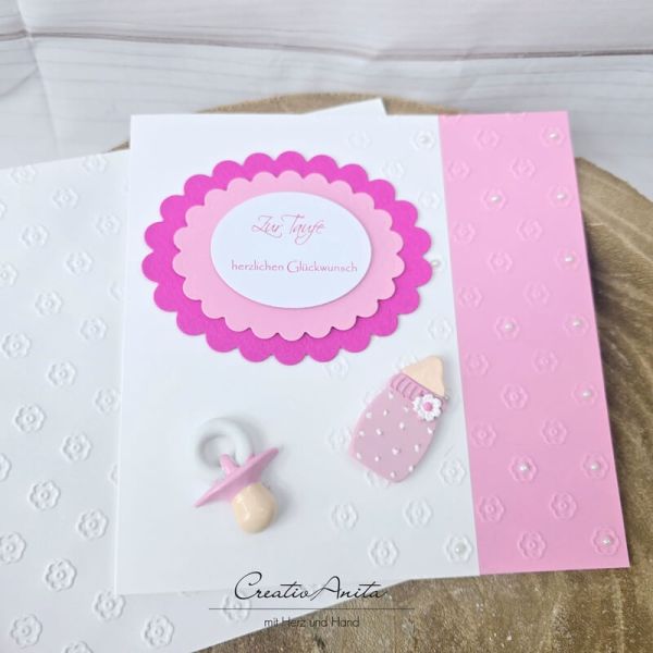 Glückwunschkarte zur Taufe ROSA mit Schnuller und Fläschchen - Mädchen