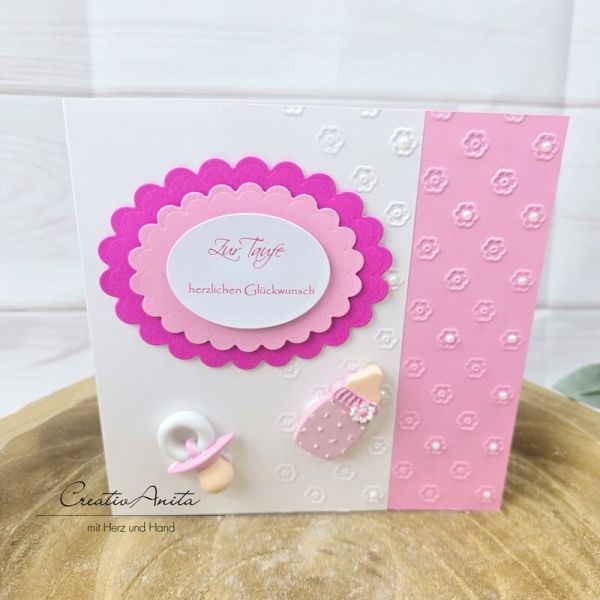 Glückwunschkarte zur Taufe ROSA mit Schnuller und Fläschchen - Mädchen