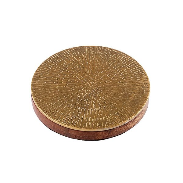 Kerzenteller - goldfarbene Sternstruktur mit Holz - 13 cm