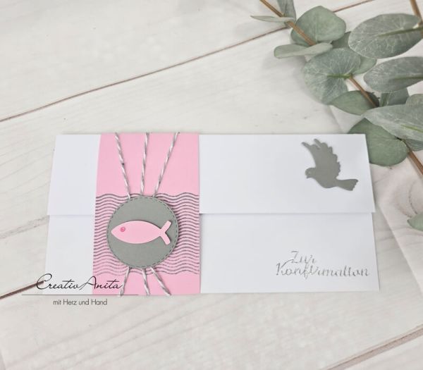 Gutschein- oder Geldgeschenkverpackung in Weiß-Rosa-Grau mit Fischen