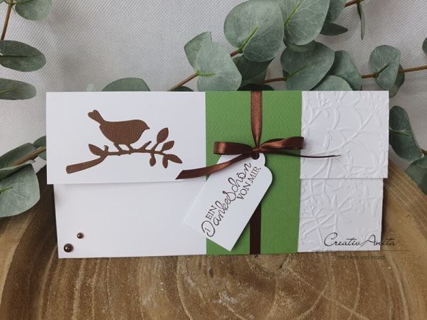 Gutschein- oder Geldgeschenkverpackung Grün-Weiß mit Vögelchen