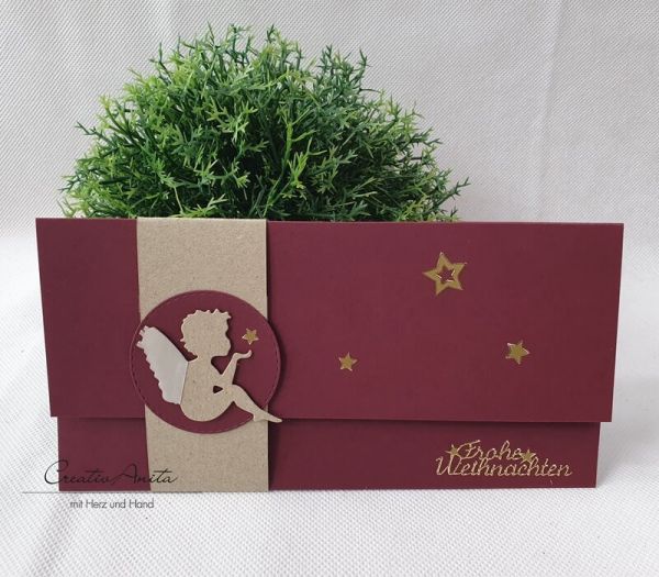 Gutschein- oder Geldgeschenkverpackung zu Weihnachten - mit Engel in Bordeaux-Gold