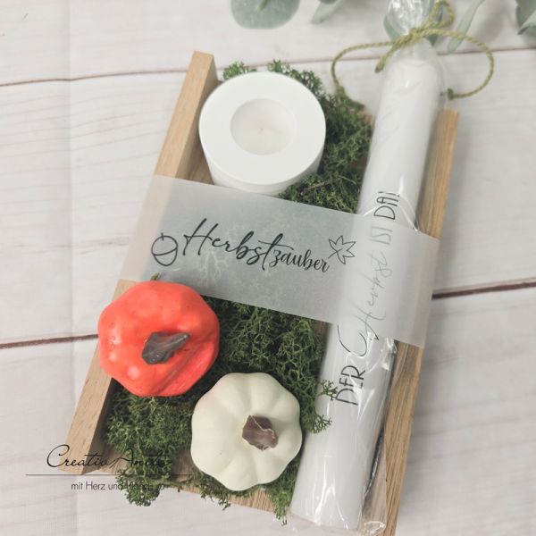 Kerzengeschenk - Herbst mit Kürbisse und Moos -Der Herbst ist da-
