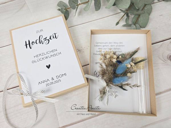 Geschenkbox Zur Hochzeit mit Trockenblumenstrauß - Geldgeschenk BLAU