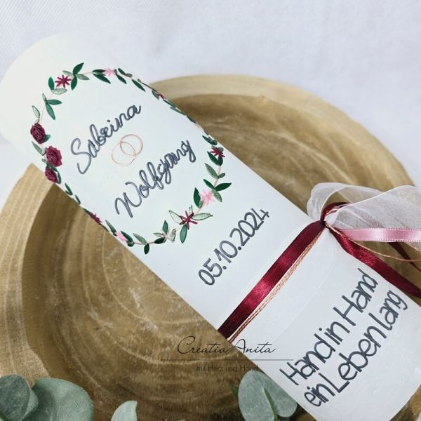 Hochzeitskerze Rustik weiß - Blätterkranz - mit zarten Blümchen - mit/ohne Teelichteinsatz