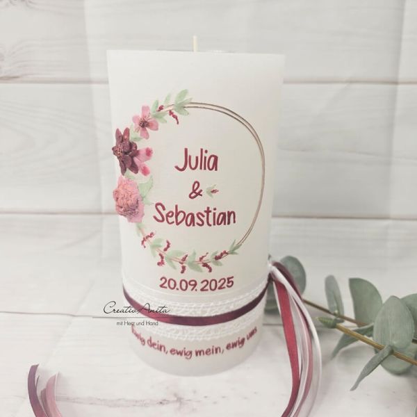 Hochzeitskerze Rustik weiß groß - mit Blütenkreis roségold, bordeaux, altrosa
