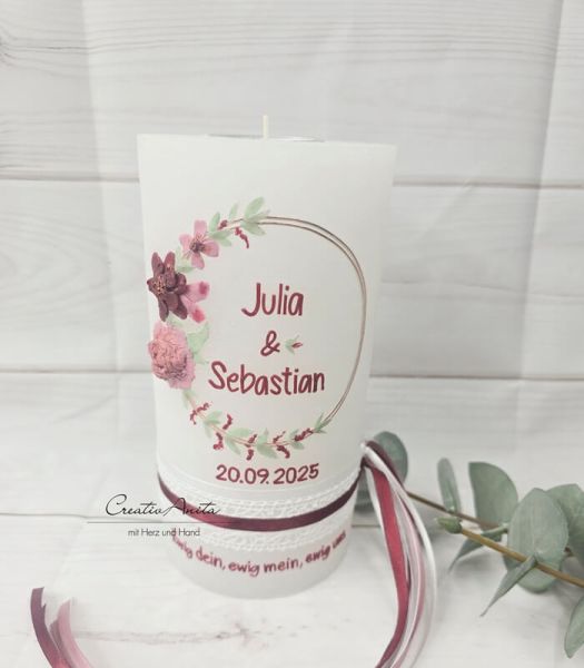 Hochzeitskerze Rustik weiß groß - mit Blütenkreis roségold, bordeaux, altrosa