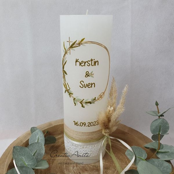 Hochzeitskerze Rustik weiß - Blütenkreis gold - FILIGRAN mit/ohne Teelichteinsatz