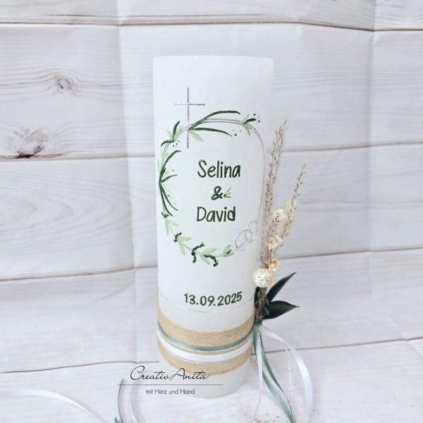 Hochzeitskerze Rustik weiß - Blätterkreis - silber-grün metallic FILIGRAN - wahlweise mit/ohne Teelichteinsatz