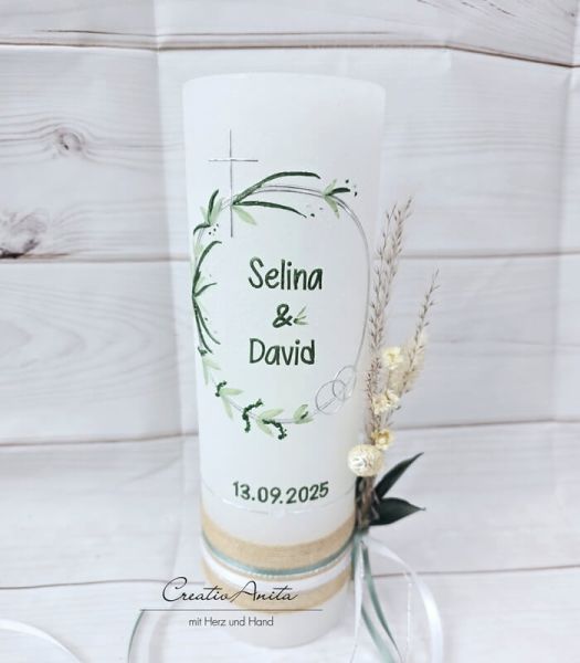 Hochzeitskerze Rustik weiß - Blätterkreis - silber-grün metallic FILIGRAN - wahlweise mit/ohne Teelichteinsatz