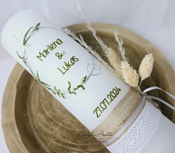 Hochzeitskerze Rustik weiß - Blütenkreis - silber FILIGRAN - wahlweise mit/ohne Teelichteinsatz