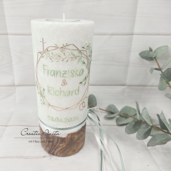 Hochzeitskerze mit echtem Holz und Teelichteinsatz, Geometric Style Rosegold-Eukalypthus