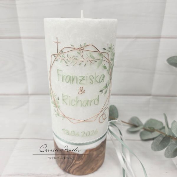 Hochzeitskerze mit echtem Holz und Teelichteinsatz, Geometric Style Rosegold-Eukalypthus