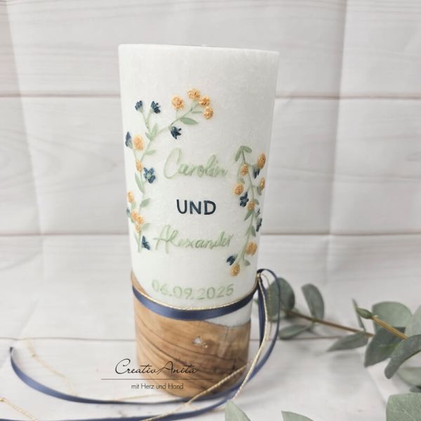 Hochzeitskerze mit echtem Holz und mit/ohne Teelichteinsatz, Blumen Gold-Blau-Eukalypthus