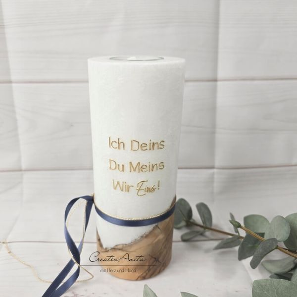 Hochzeitskerze mit echtem Holz und mit/ohne Teelichteinsatz, Blumen Gold-Blau-Eukalypthus