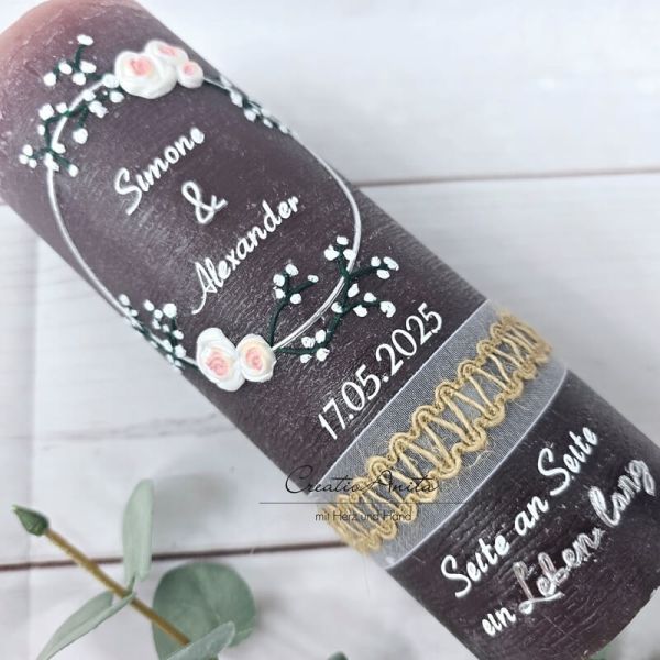 Hochzeitskerze Rustik schlamm - Edler zarter Blütenkreis weiß-silber