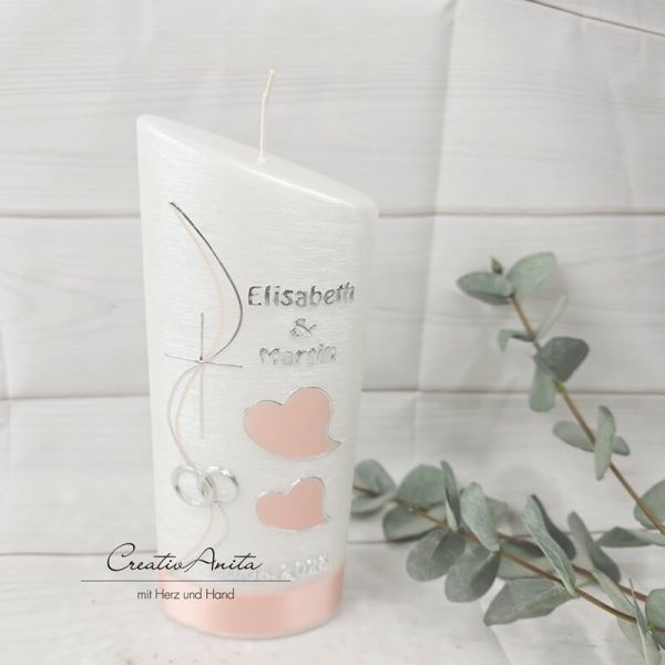 Hochzeitskerze Perlmutt geriffelt - Ellipse abgeschrägt mit Herzen - APRICOT-LACHS mit Silberstreifen umrandet