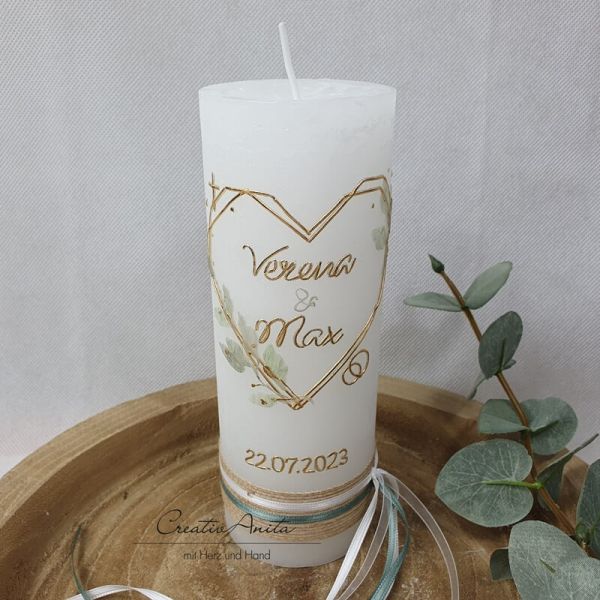 Hochzeitskerze Rustik weiß - Herz Geometric mit zarten Blättern - gold-eukalypthus