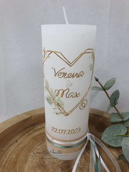 Hochzeitskerze Rustik weiß - Herz Geometric mit zarten Blättern - gold-eukalypthus