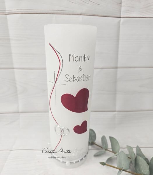 Hochzeitskerze Rustik weiß - mit Herzen & Kreuz - Bordeaux