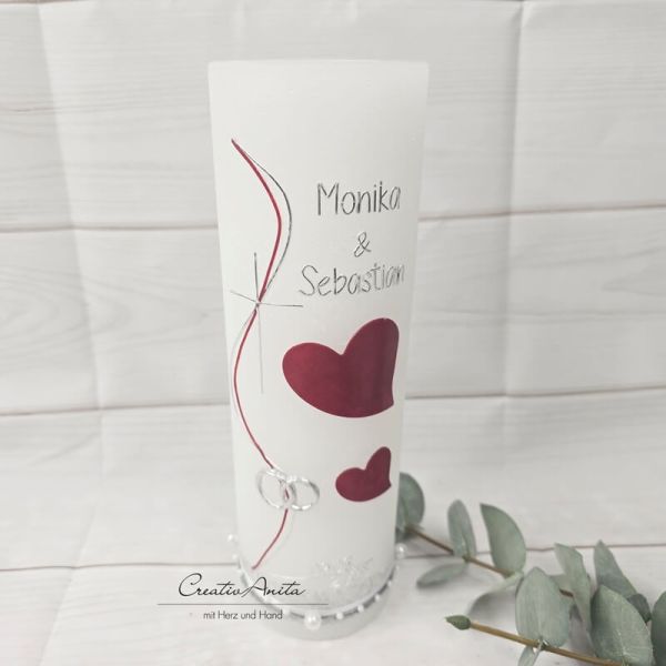 Hochzeitskerze Rustik weiß - mit Herzen & Kreuz - Bordeaux