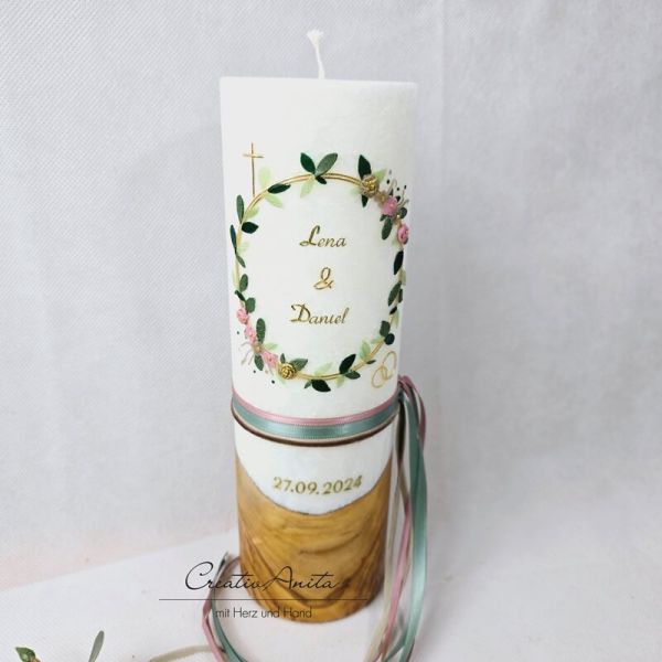 Hochzeitskerze mit echtem Holz und Teelichteinsatz -Blütenkranz- Altrosa-Gold
