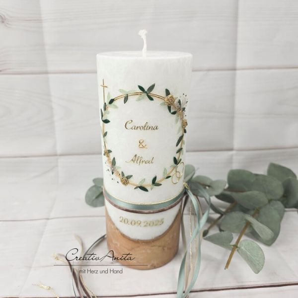 Hochzeitskerze mit echtem Holz und mit/ohne Teelichteinsatz -Blütenkranz- Gold