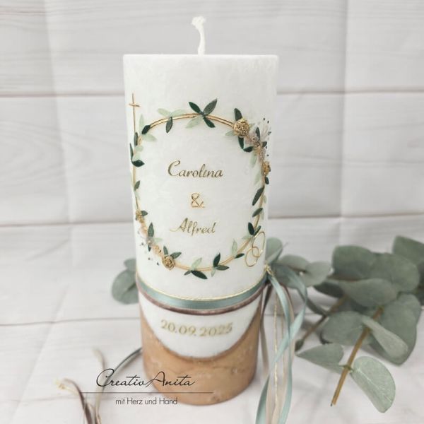 Hochzeitskerze mit echtem Holz und mit/ohne Teelichteinsatz -Blütenkranz- Gold
