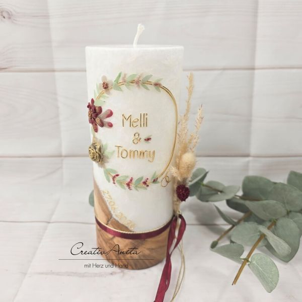 Hochzeitskerze mit echtem Holz und mit/ohne Teelichteinsatz, Blumen Gold-Bordeaux