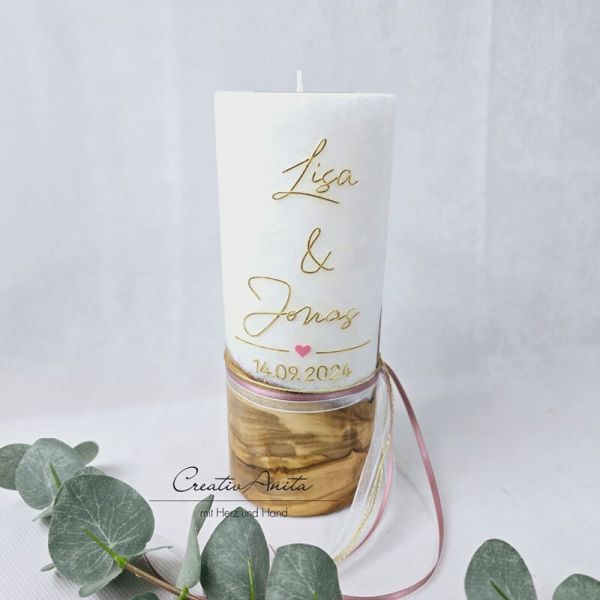 Hochzeitskerze mit echtem Holz und Teelichteinsatz, Gold