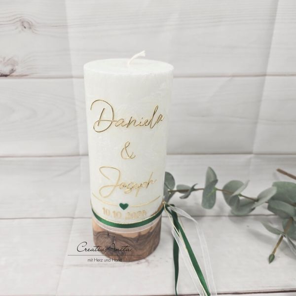 Hochzeitskerze mit echtem Holz mit/ohne Teelichteinsatz, GOLD - Dunkelgrünes Herz