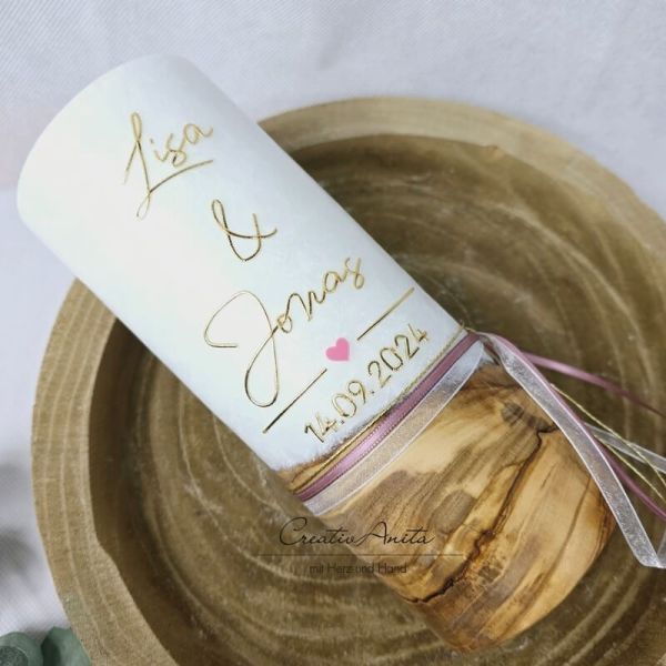 Hochzeitskerze mit echtem Holz und Teelichteinsatz, Gold