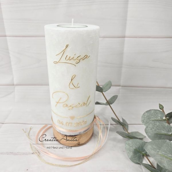 Hochzeitskerze mit echtem Holz mit/ohne Teelichteinsatz, GOLD - Apricot Herz
